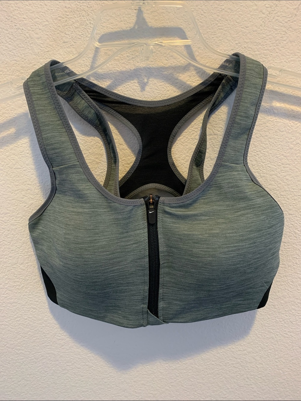Nike Front-Zip Racerback Sports Bra in Heathered Gray High Impact Support​